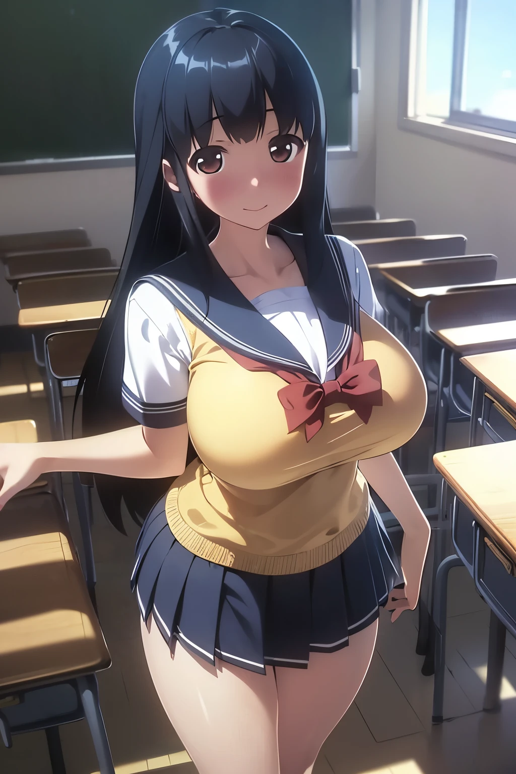 (超 Hi-Res,4K, very detailed, 8k,  Hi-Res,  Hi-Res,  absurd:1.2), Japanese girl, high school girl,  Long Black Hair,Short bangs,  beautiful character design, perfect face, beautiful detail depiction of eyes on the window,affectionate eyes, Brown Eyes ,smile,( School Uniform:1.6),( big breasts at the temple:1.2),(Deep Valley:1.2), Unattended Classroom ,On the window side, is standing, cowboy shots,evening