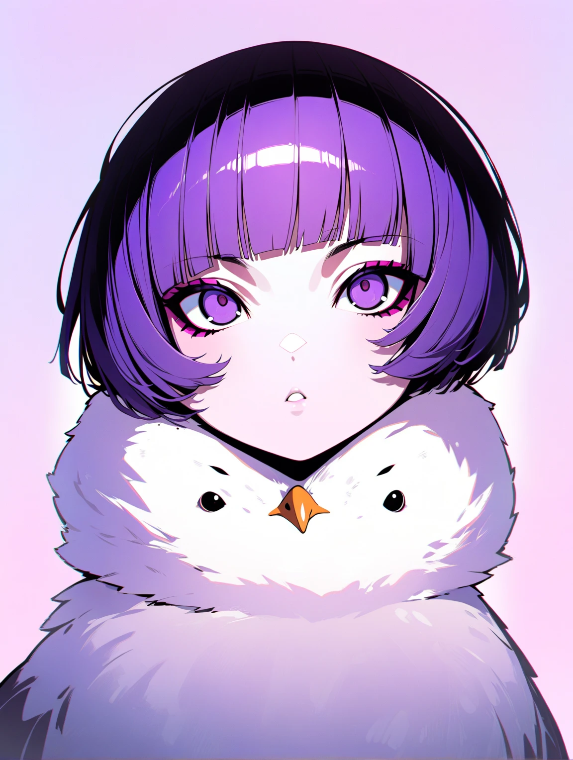 {{{Shincos (Shincos),  Kuvshinov Ilya ( Kuvshinov Ilya), no human}}},  1 girl, 1 bird,  short hair,  purple , Open your lips a little,  watching viewers,  Facial beauty, Bird sitting on shoulder , Plain background, White background.