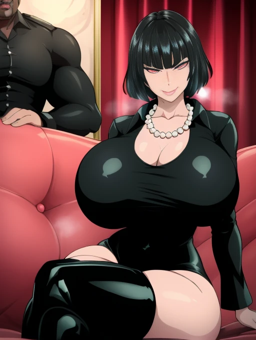 1 female, solo female fubuki, night club, party, sex club, luxury, milf, female with black fringe style bob haircut, wearing black tight lingerine dress suit, dominatrix lingerie, wearing pearl neckalce, lustful smirk, hearts, dominant pose, short black hair, pink eyes, ((giant breasts)), ((thick thighs)), ((huge breasts)), seductive smile, wearing thigh high boots, surrounded by big black man, resting at the sofa, love, lust, manipulated, mind control, lust mind control, enjoying, biting lips, satisfaction, oiled up, love hearts, holding a man's dick, bulge dick, nsfw, nude, pornography, porn