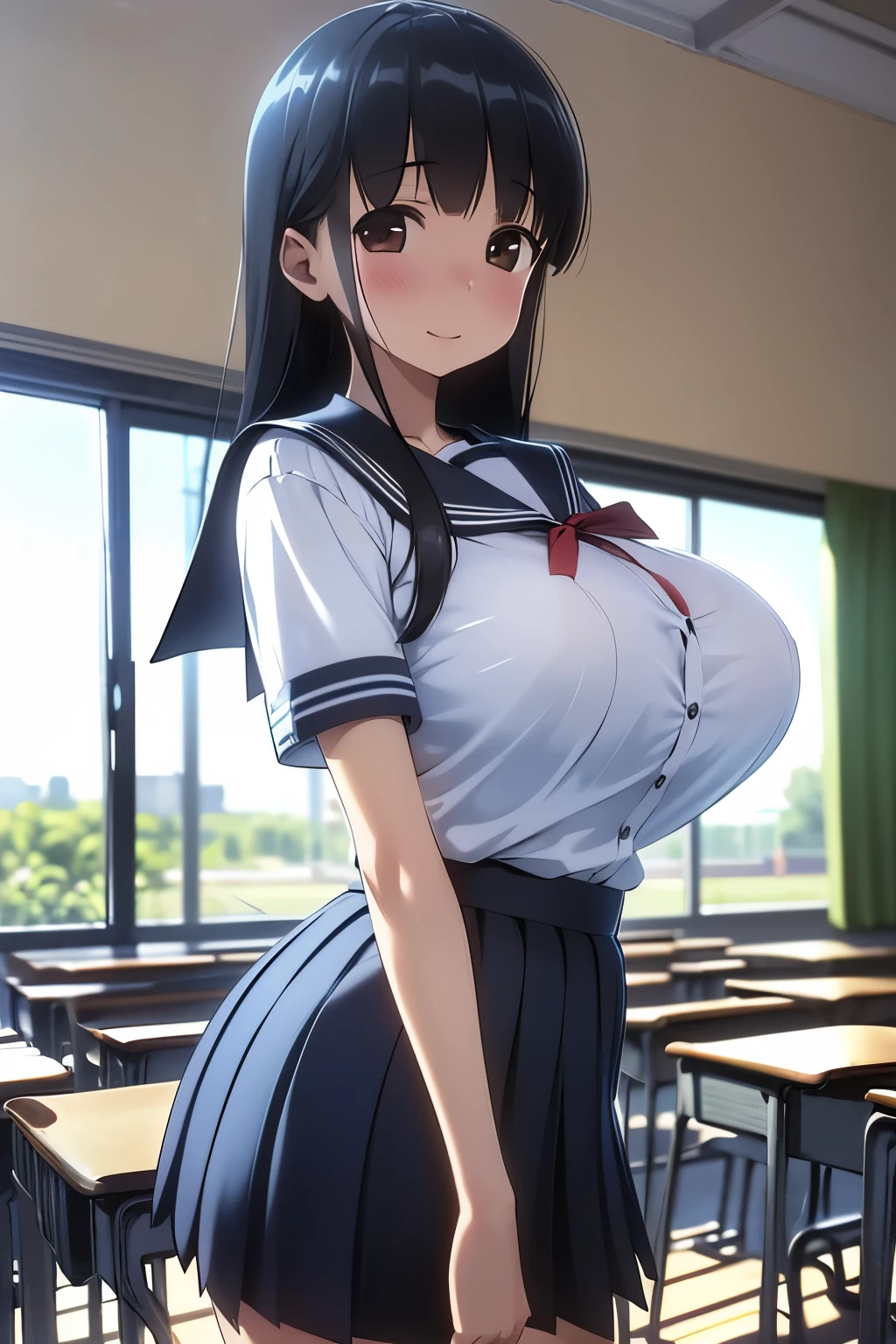 (超 Hi-Res,4K, very detailed, 8k,  Hi-Res,  Hi-Res,  absurd:1.2), Japanese girl, high school girl,  Long Black Hair,Short bangs,  beautiful character design, perfect face, beautiful detail depiction of eyes on the window,affectionate eyes, Brown Eyes , Embarrassing Smile,( School Uniform:1.6),( big breasts at the temple:1.2),(Deep Valley:1.2), Unattended Classroom ,On the window side, is standing, cowboy shots, raise the skirt yourself, white sheer lace panties by the window,evening