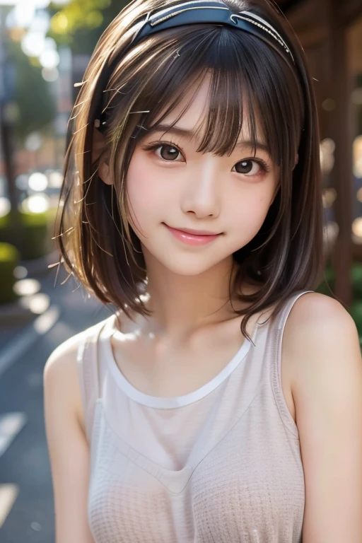 outdoor, school, idol, One girl, Japanese, Middle school students, Elementary school student, prety, Sparkling eyes, No body hair, Thin legs, Attention to detail, Highest quality, High resolution, bobbed hair, short bob, school uniform, Middle school students, Elementary school student, 10years old, upper body, close up of face, smile, see through, no under wears, long t shirt, hairband, Anatomically correct, Textured skin, high quality, high quality, high details, best quality, highres, super detail, accurate, high details, best quality, highres, super detail, accurate