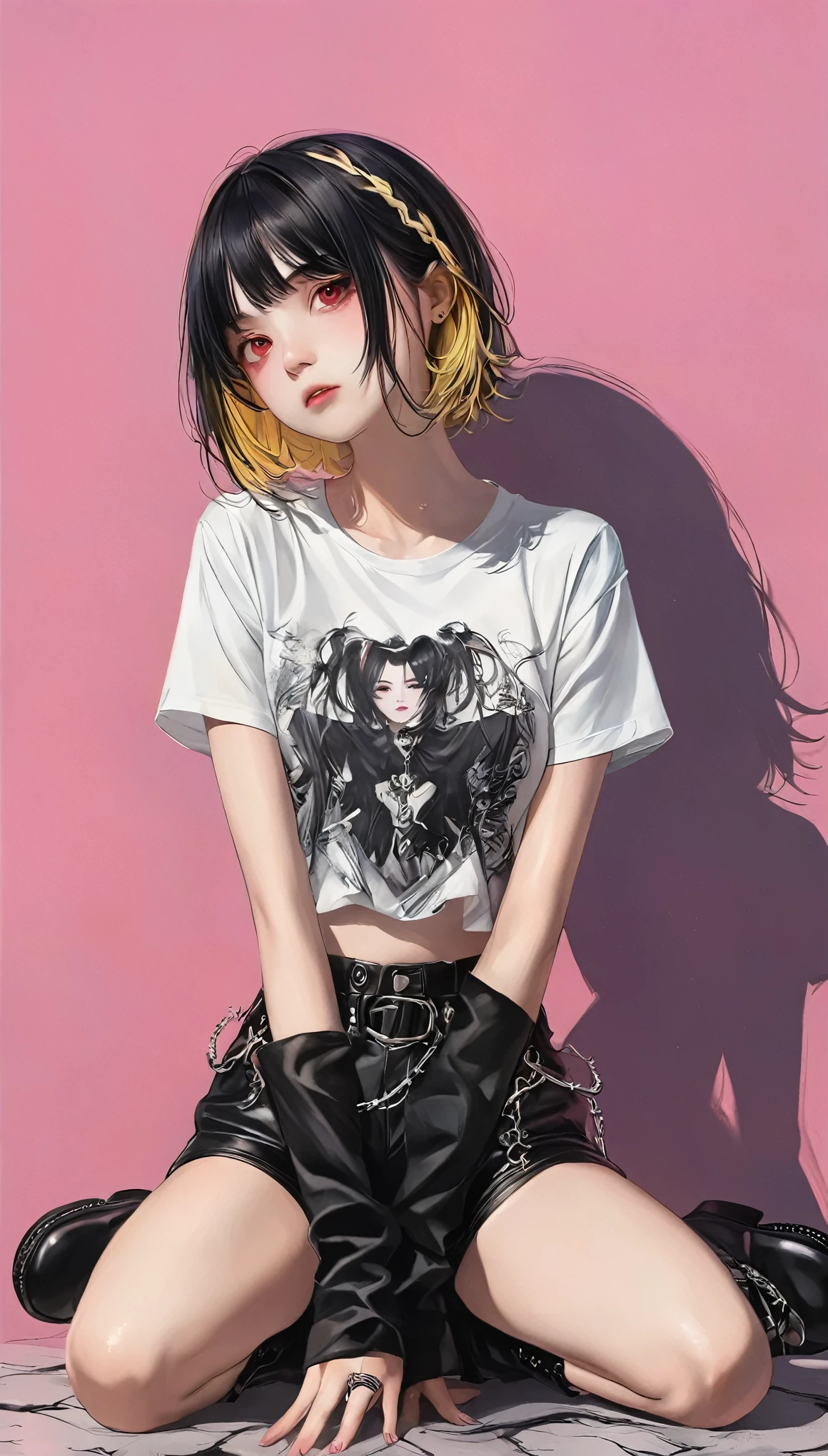 RAW photos from the last century、Realistic、Best Quality、masterpiece、B pink background. black and white, Golden Striped Hair , super cute girl, red eyes. Squat, Gothic Tee , Gothic Shorts , black boots, Tsundere sister, Ring of Thorns , pink background, anime art style, Detailed Illustration , bright colors , soft writing, focused gaze, Edgy Look, Expressive Face, Unique style , Eye-catching, , detailed hair, Realistic shadows, 8k