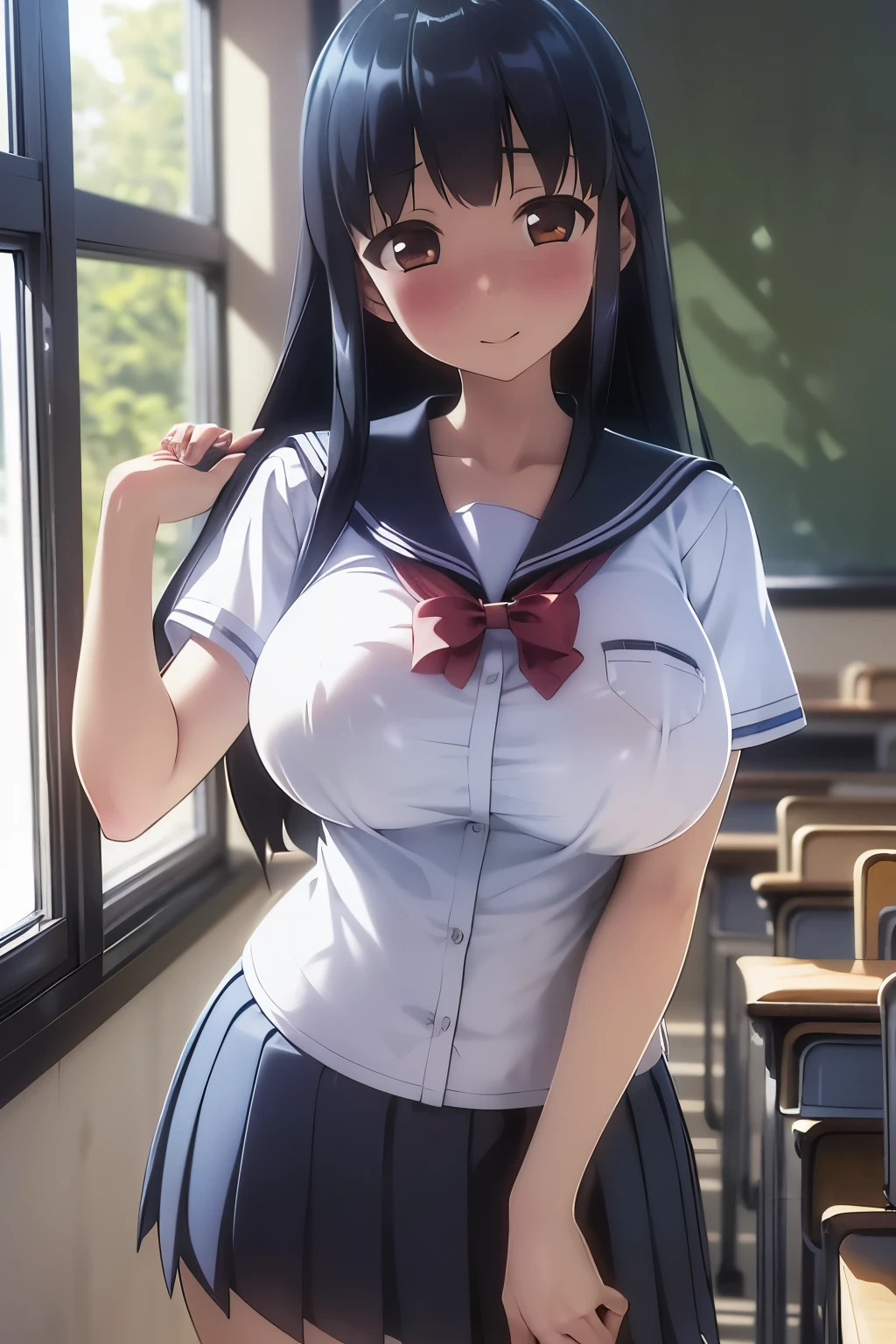 (超 Hi-Res,4K, very detailed, 8k,  Hi-Res,  Hi-Res,  absurd:1.2), Japanese girl, high school girl,  Long Black Hair,Short bangs,  beautiful character design, perfect face, beautiful eye detail in an empty classroom,affectionate eyes, Brown Eyes , Embarrassing Smile,( School Uniform:1.6),( big breasts at the temple:1.2),(Deep Valley:1.2), Unattended Classroom ,On the window side, is standing, cowboy shots, raise the skirt yourself, white sheer lace panties by the window,evening