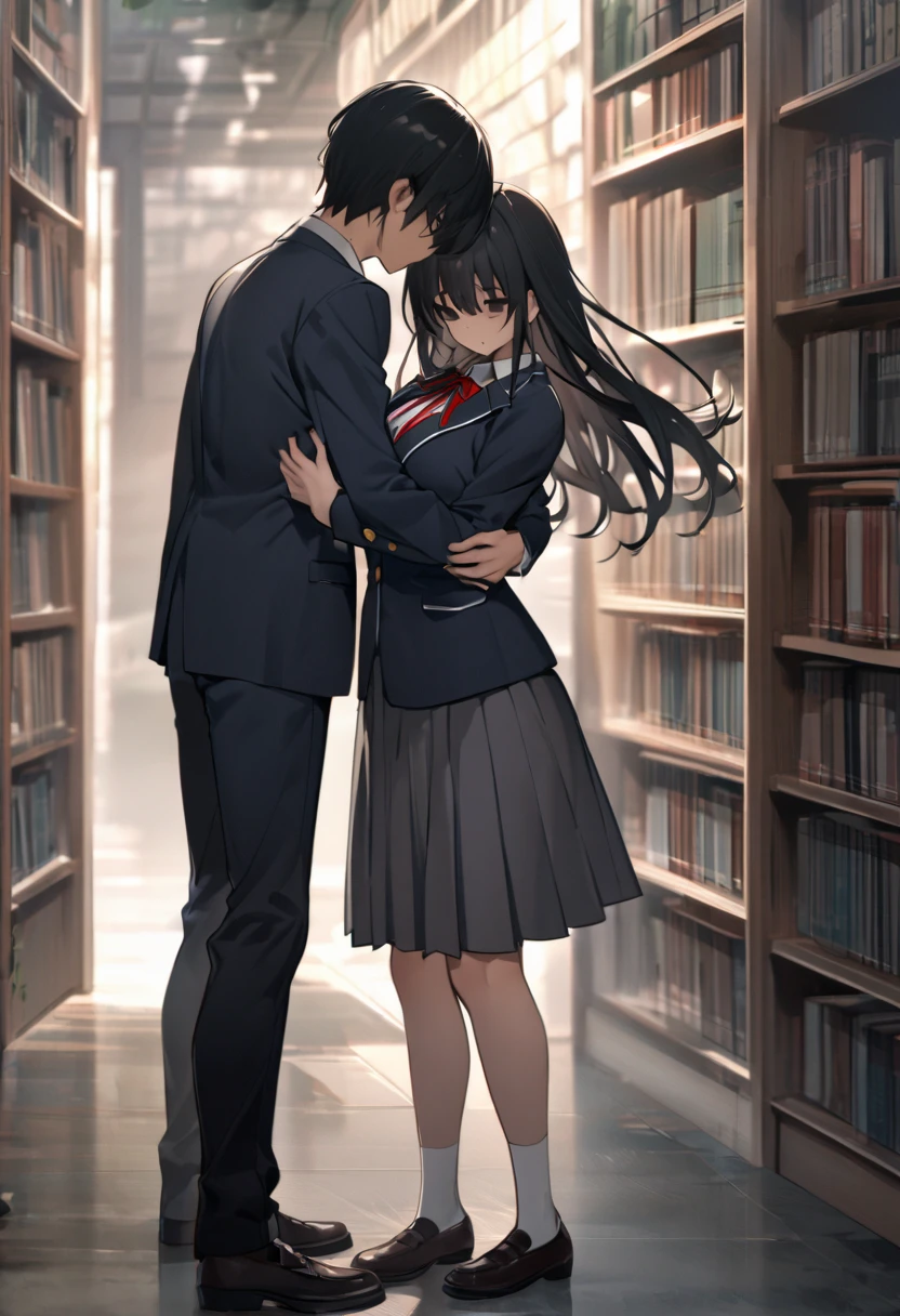 （masterpiece, Best Quality:1.2)、 full body、 high school girl、Black Hair、long hair、Black Eyes、empty eyes、 slender、Glasses、黒いschool uniform, 黒のmiddle breast, blazer,  red ribbon、close mouth、no expression、stand、Standing、(( and extend both hands))、Hug from behind、Library、 side view