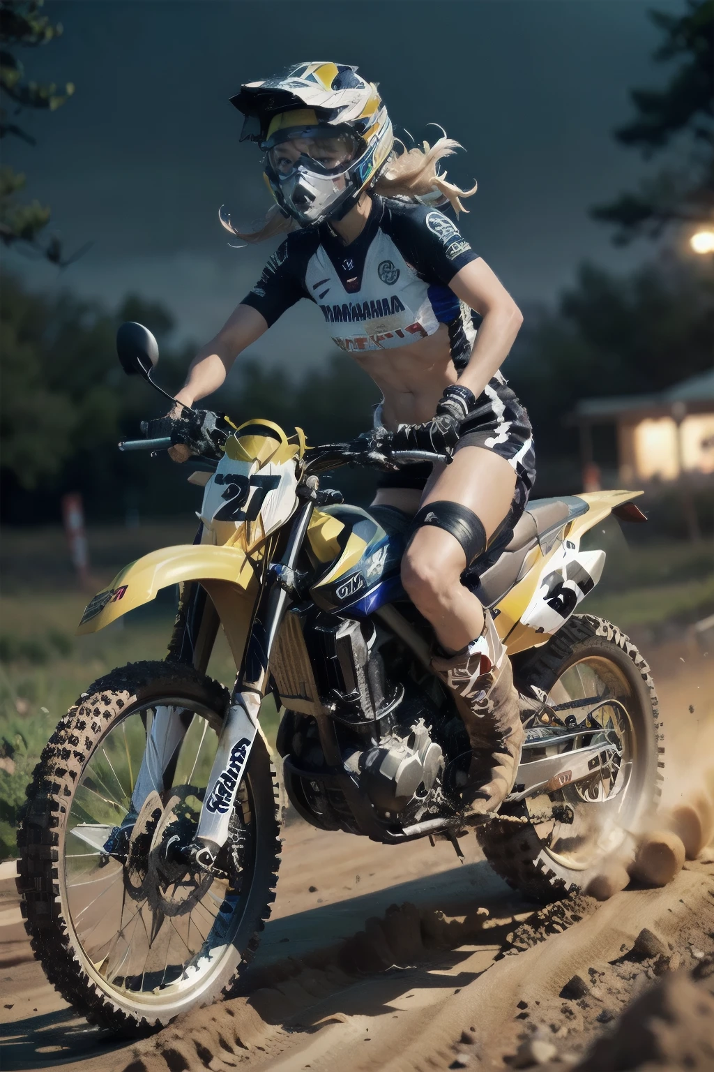 Yamaha XT250, motocross race, cute girl, brown skin, abs, night riding, motocross wear, motocross boots, driving with dust rolled up, aggressive position, カモシカ250 