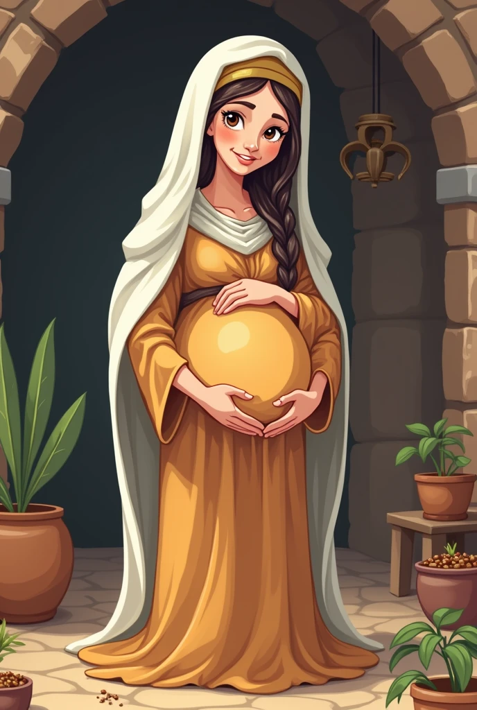 Elizabeth with Mary mother of Jesus, pregnant. brown hair, smiling, young, pixar style