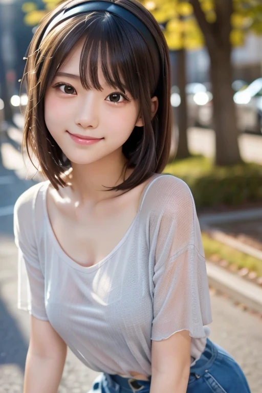 outdoor, school, idol, One girl, Japanese, Middle school students, Elementary school student, prety, Sparkling eyes, No body hair, Thin legs, Attention to detail, Highest quality, High resolution, bobbed hair, short bob, school uniform, Middle school students, Elementary school student, 10years old, upper body, close up of face, smile, see through, no under wears, long t shirt, hairband, Anatomically correct, Textured skin, high quality, high quality, high details, best quality, highres, super detail, accurate, high details, best quality, highres, super detail, accurate