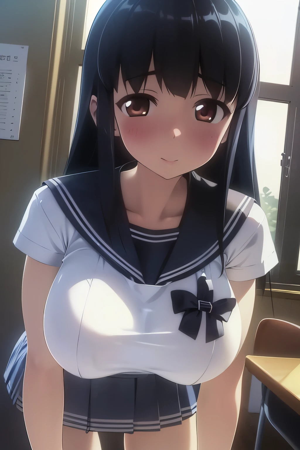 (超 Hi-Res,4K, very detailed, 8k,  Hi-Res,  Hi-Res,  absurd:1.2), Japanese girl, high school girl,  Long Black Hair,Short bangs,  beautiful character design, perfect face, beautiful detail depiction of eyes on the window,affectionate eyes, Brown Eyes , Embarrassing Smile, ( sailor suit,Sailor Skirt:1.4),( French Kissing ,  panties ), ( big breasts at the temple:1.2), (Deep Valley:1.2), In a classroom where no one else is,  is standing, evening