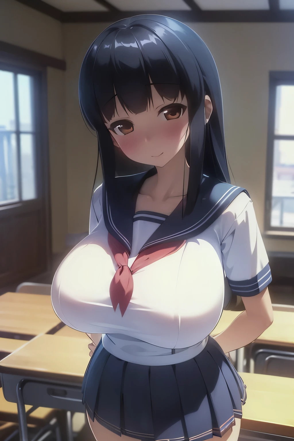 (超 Hi-Res,4K, very detailed, 8k,  Hi-Res,  Hi-Res,  absurd:1.2), Japanese girl, high school girl,  Long Black Hair,Short bangs,  beautiful character design, perfect face, beautiful detail depiction of eyes on the window,affectionate eyes, Brown Eyes , Embarrassing Smile, ( sailor suit,Sailor Skirt:1.4),(( French Kissing ,  panties)), ( big breasts at the temple:1.2), (Deep Valley:1.2), In a classroom where no one else is,  is standing, evening