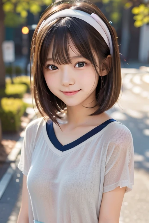 outdoor, school, idol, One girl, Japanese, Middle school students, Elementary school student, prety, Sparkling eyes, No body hair, Thin legs, Attention to detail, Highest quality, High resolution, bobbed hair, short bob, school uniform, Middle school students, Elementary school student, 10years old, upper body, close up of face, smile, see through, no under wears, long t shirt, hairband, Anatomically correct, Textured skin, high quality, high quality, high details, best quality, highres, super detail, accurate, high details, best quality, highres, super detail, accurate