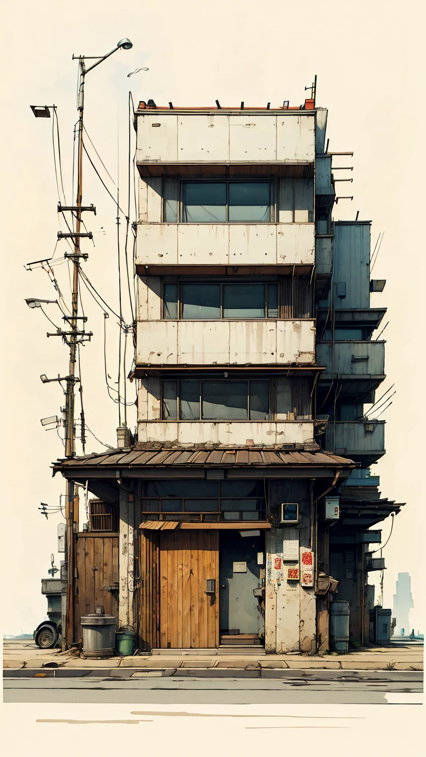 front view tokyo storefront, Japanese modern brutalist aesthetics, Unfinished sketch, water color on paper, (simple background:1.2)