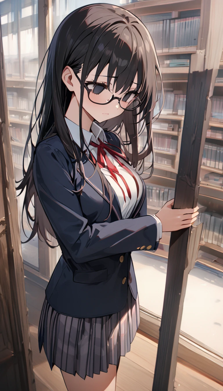 （masterpiece, Best Quality:1.2)、 full body、 high school girl、Black Hair、long hair、Black Eyes、empty eyes、 slender、(((Glasses)))、黒いschool uniform, 黒のmiddle breast, blazer,  red ribbon、close mouth、no expression、stand、Standing、(( and extend both hands))、Hug from behind、Library、 side view