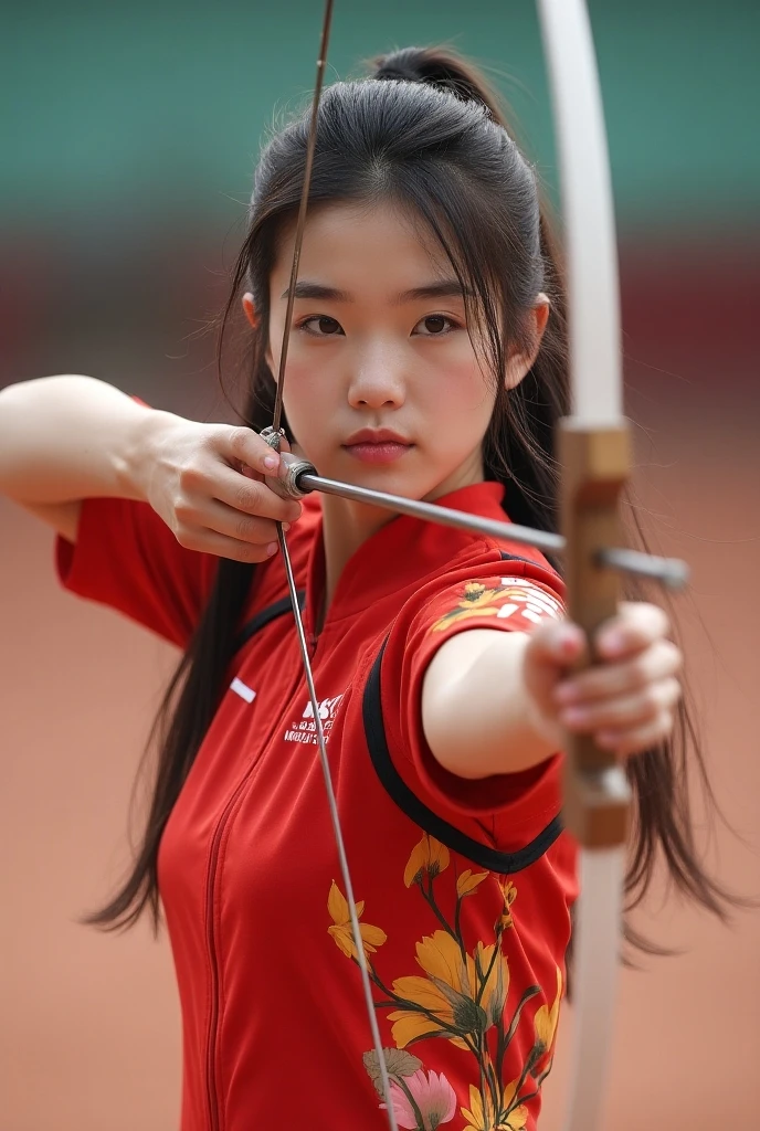 Women&#39;s archery at the Olympics，Korean team，18-year-old beauty，Delicate facial features，cute，White skin，Long hair，full-body shot，Panoramic vistas，Wide-angle lens，Olympic Games venue，Professional equipment，Focus，Ten rings，Olympic competition background