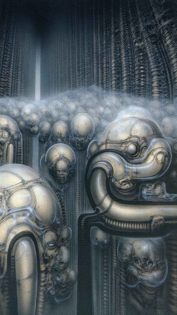 H. R. Giger's g1g3r, , Giger_style, The image is a detailed view of H.R. Giger's \" NY City  \" plate, featuring ( biomechanisms in landscape  surrounded by other aliens with ivorish fossilized body parts and features, all set against a nisty background.) H R GIGER's biomechanical is a digital artwork featuring  vertical city set against a backdrop of intricate mechanical pipes and wires.. with a glowing light source, dence cloudy mist, strokes of steam. (A haunting and surreal image inspired by the work of H.R. Giger. The artwork depicts a biomechanical , with intricate tubes and pipes snaking along the walls.  The image features a close-up of a mechanical object with a complex, intricate design, resembling a futuristic machine or robot, made of  burned bone and ivory, fossils,set against a blurred background, adding to the sense of unease and mystery. The overall atmosphere is one of darkness, decay, and the unsettling nature of the unknown, best quality:1.4) The artistic manner would be unmistakably Gigeresque. A dark and unsettling beauty would permeate the piece, blurring the lines between fascination and repulsion , forever haunted by the grotesque allure. Giger's signature artistic manner would be evident in every stroke. The artist has used careful linework to depict the contours and textures in the piece, (Triadic:1.1), (Proportion:1.1),  , (Reflected light:1.2), Parchment, ultra detailed, intricate,, dry b (best quality:1.4), H.R. GIGER,  BY GIGER