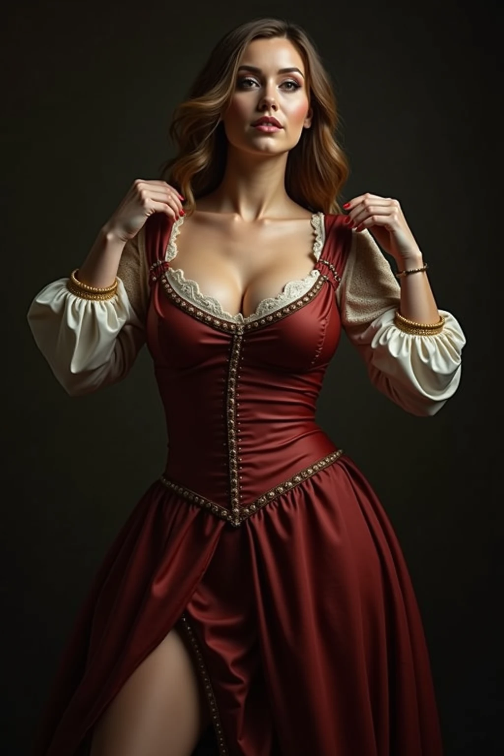 exuberant adult woman, off the shoulder medieval peasant clothes, massive cleavage, close up, white strapless push up corset, canadian