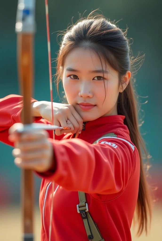 Ultra-high resolution，Women&#39;s Archery at the Olympics，Red outfit，real picture，（1 Korean beauty，Super beautiful，Fair skin）full-body shot，Panoramic vistas，Wide-angle lens，Olympic Games venue，Professional equipment，Focus，Ten rings，Olympic competition background