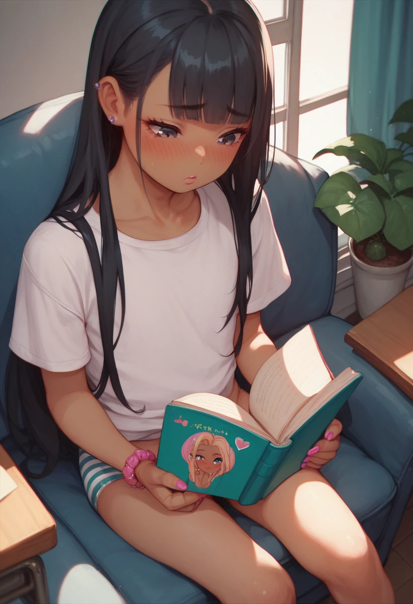 <lora:kantoku_v0.1:1>
1girl, solo, long hair, looking at viewer, blush, skirt, black hair, thighhighs, hat, brown eyes, sitting, braid, shoes, choker, black thighhighs, :o, sweater, book, beret, chair, loafers, holding book, open book, argyle, book stack, masterpiece, best quality, highly detailed