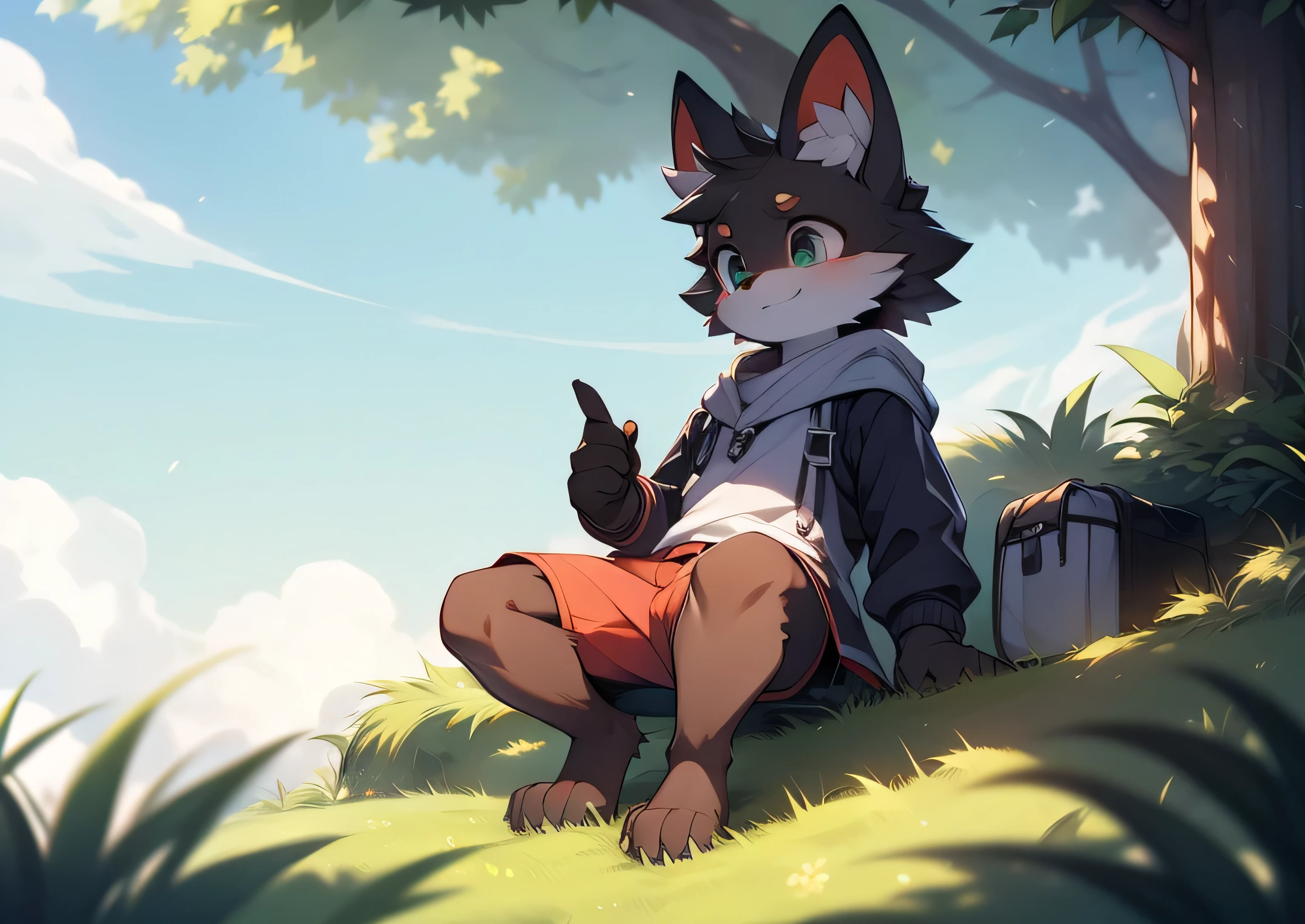 Fraction_9, Fraction_8_Direction_7_up, src_Furry, score_of, author：pache-riggs,
anthropology, Alone of, fox, Pink and white fur, Blue eyes, Cute of expression, blush, Looking at the audience, 
Sweatshirt, shorts, Sitting on the rocks, Forest Background, Sunlight,
