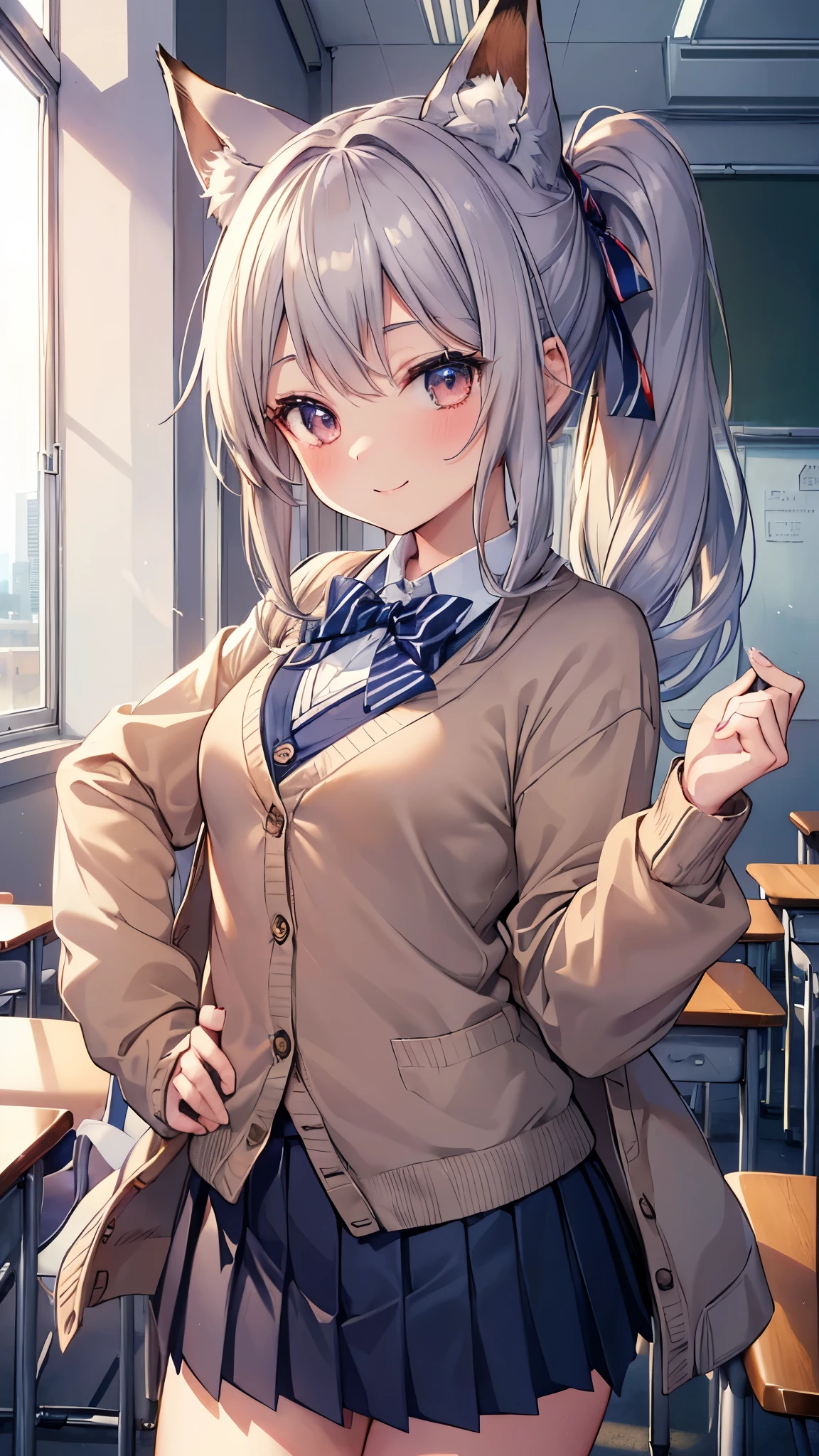 ((1 girl:1.5))、(smile:1.5)、、(cowboy shot)、(fun!!)、(white cardigan:1.5)、(dog ears)、(silver hair)、blush、(long hair)、(eye highlights:1.3)、blake black shoes,(黒いskirt:1.5)、bow, button, shirt with collar, long sleeve, ((red bow tie, ,, white shirt, チェック柄のskirt:1.5、white socks)),, shirt,, skirt, socks, thighs, white shirt, Rest indoors, ((classroom:1.5))、 BREAK while watching the audience、 (perfect hands, perfect anatomy),cowboy shot、(skirtlift:1.3),(highly detailed white panties:1.3)、(highly detailed panties:1.3)、、(skirt that rolls up:1.3)、(fully exposed panties:1.5)、light blue eyes