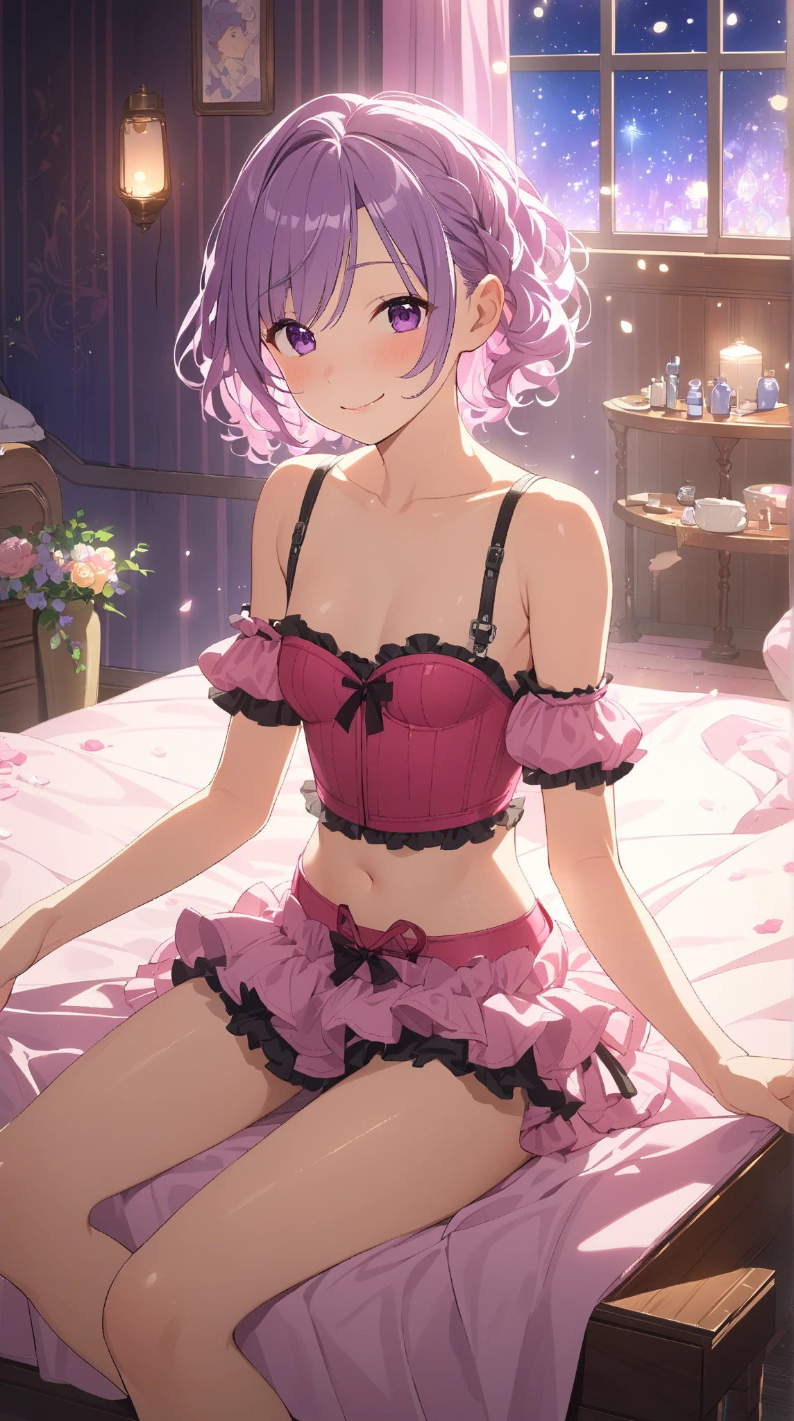 Pink Hair、Pink Eyes、girl、Small breasts、Bun Hair、girl、Small breasts、Lolita、Bright smile、Looks about 15 years old、Petan Musume、He is short、目のhighlight、Sexy thighs、lingerie、See-through、Showing armpits、Your eyes are so beautiful、highlight