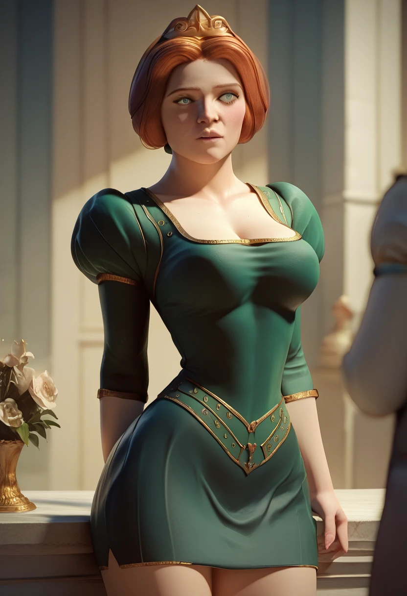 ( Best quality )  perfect face,  masterpiece , ( Princess Fiona) wearing a sexy secretary outfit, short skirt, black blouse ,  big breasts shirt, 