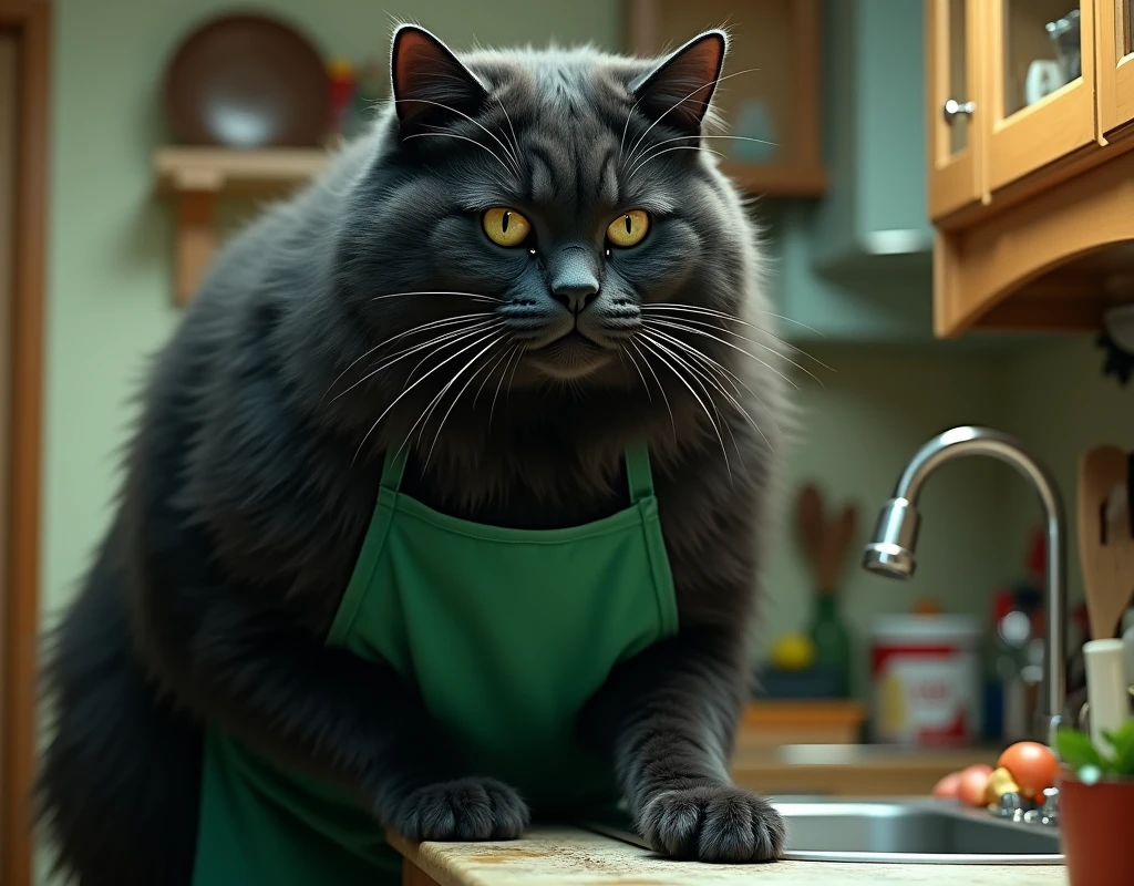 live-action,  super reality, huge fluffy black cat ,  bipedal:1.5, Bad look in the eyes:1.2,  gray coat from face to stomach:1.3, Huge fluffy black cat in a green apron , living:1.3, cleaning機, cleaning,  masterpiece, UHD, high details, best quality,  highres icon, 16k