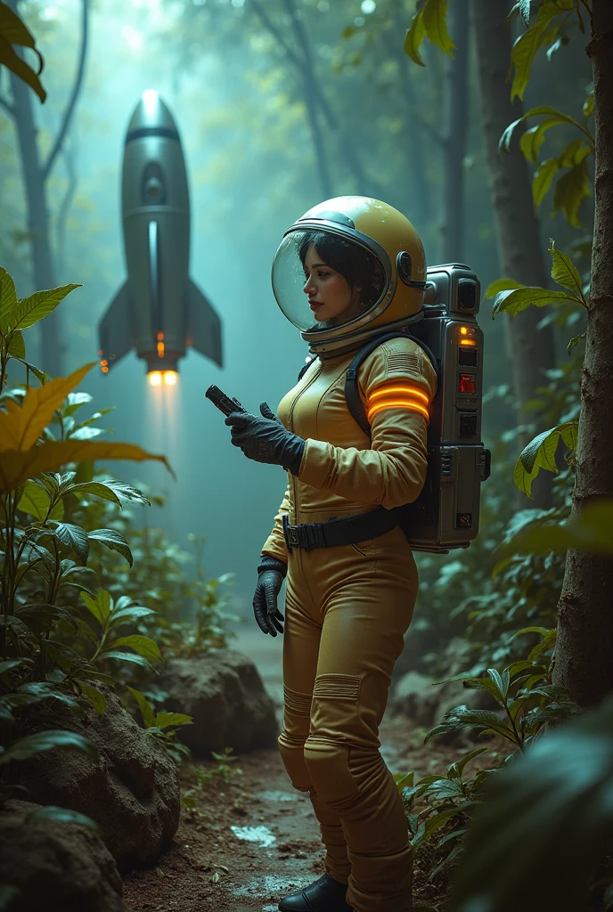 a cute woman (sexy space explorer, lit neon trim, bubble helmet, science tools) is examining plants and animals on an alien forest world, her 50s rocket ship nearby, a tentacle rape beast in shadows
