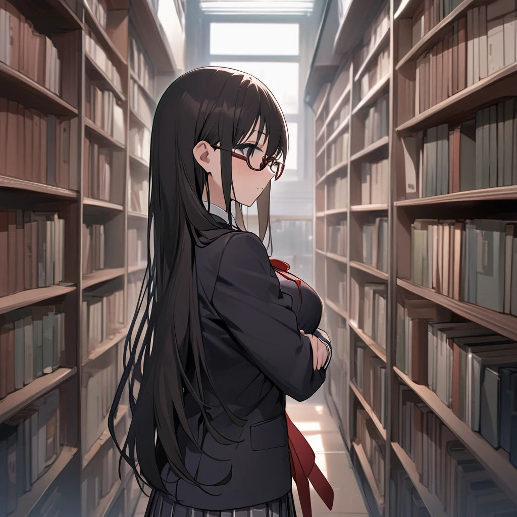 （masterpiece, Best Quality:1.2)、 full body、 high school girl、Black Hair、long hair、Black Eyes、empty eyes、 slender、(((Glasses)))、黒いschool uniform, 黒のmiddle breast, blazer,  red ribbon、close mouth、no expression、stand、Standing、(( and extend both hands))、Hug from behind、Library、 side view