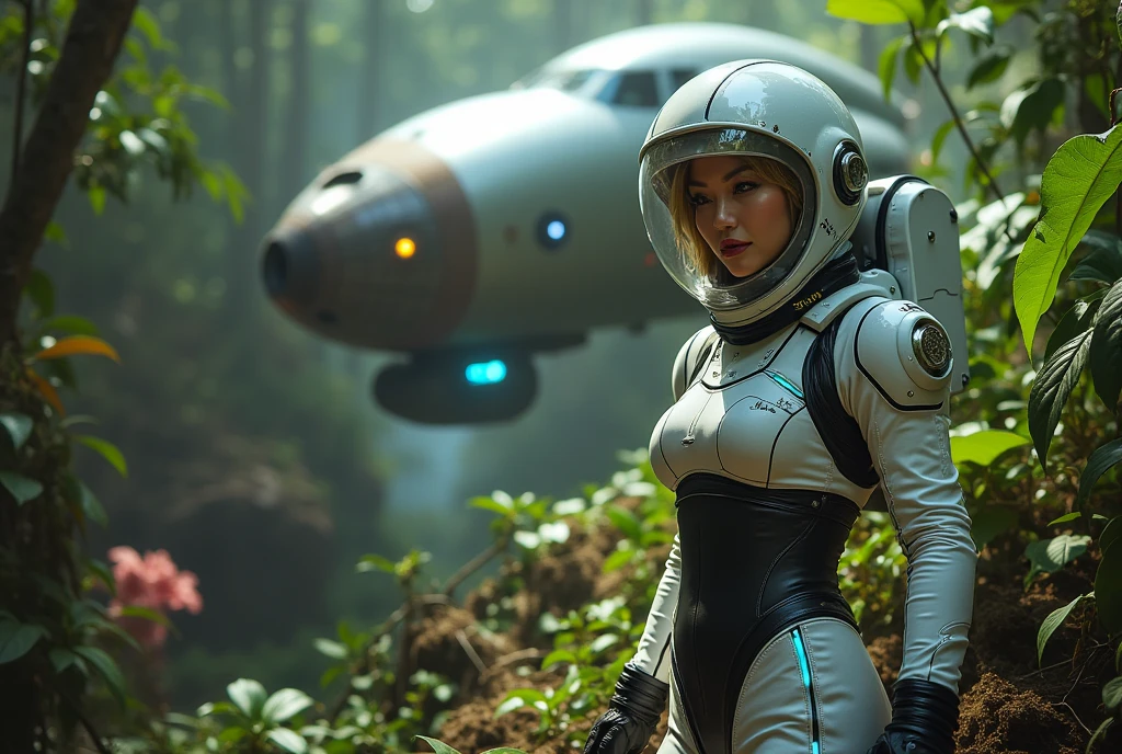 a cute woman (sexy space explorer, lit neon trim, bubble helmet, science tools) is examining plants and animals on an alien forest world, her 50s rocket ship nearby, a tentacle rape beast in shadows
