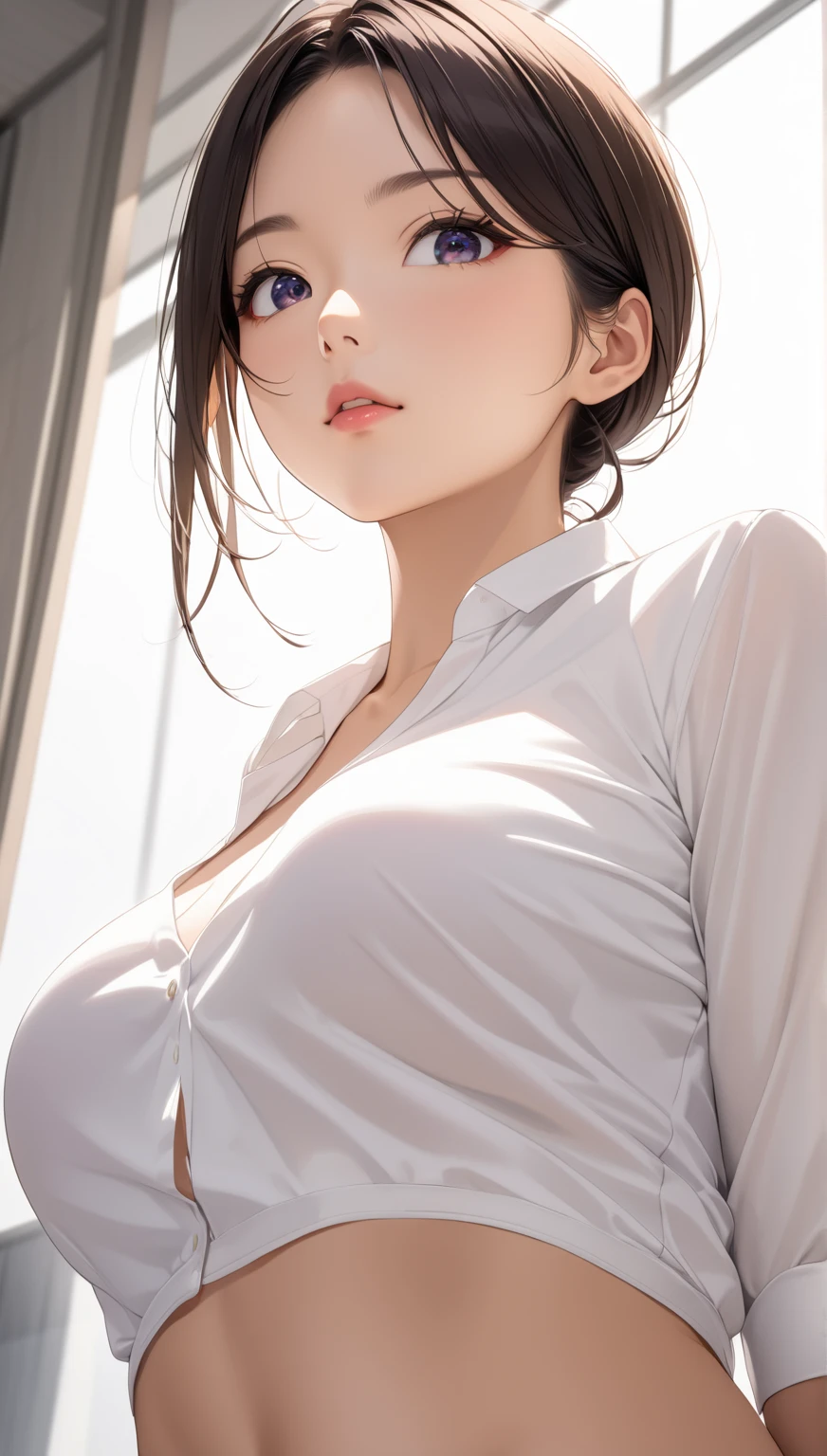 ((Best quality, 8k, Masterpiece: 1.3)), Sharp focus: 1.2, A beautiful woman with perfect body: 1.4, Slim abdomen: 1.2, ((Layered haircut, Large breasts: 1.2)), (no bra) (Small and beautiful hard nipple) (Thin and damp button up to shirt length: 1.1), (White shirt wet by rain), (Rain, Street: 1.2), Wet body: 1.1, Highly detailed face and skin texture,  Detailed eyes, Double eyelid, --auto