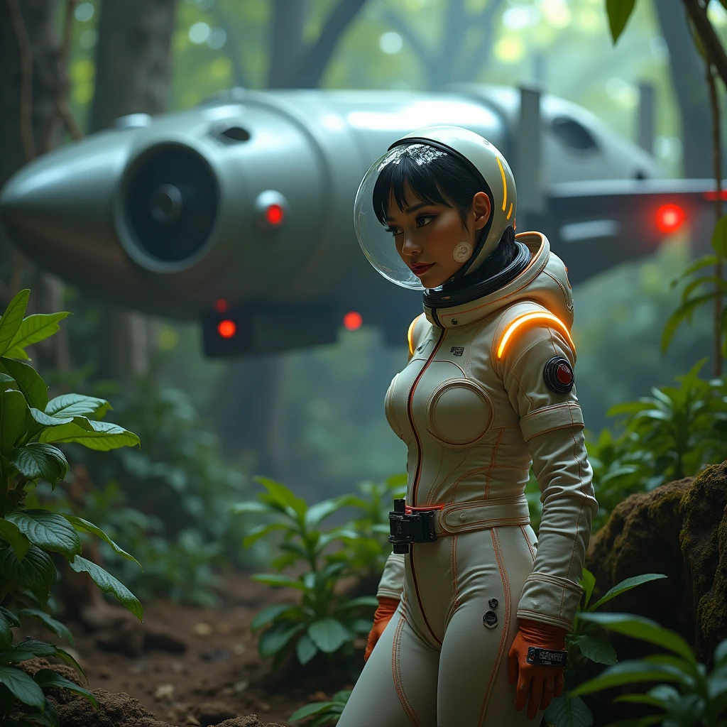 a cute woman (sexy space explorer, lit neon trim, bubble helmet, science tools) is examining plants and animals on an alien forest world, her 50s rocket ship nearby, a tentacle rape beast in shadows
