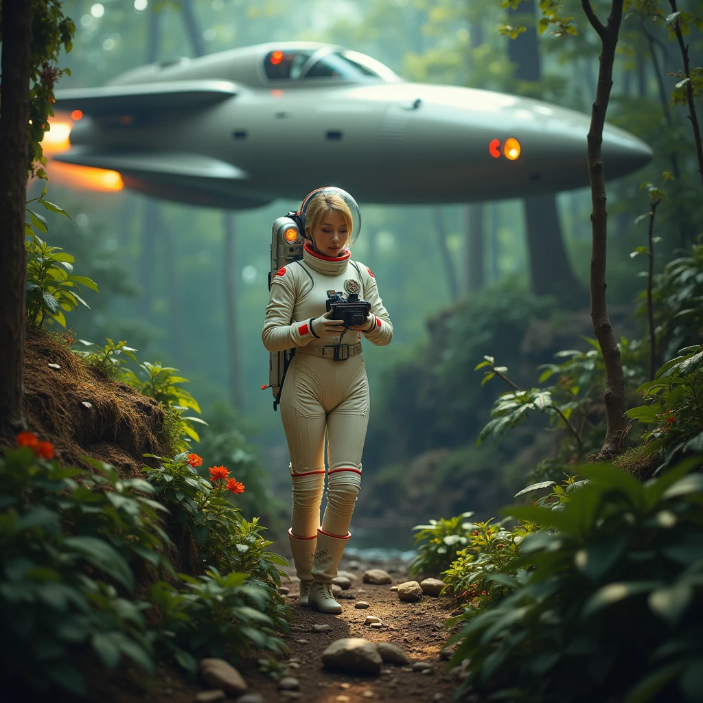 a cute woman (sexy space explorer, lit neon trim, bubble helmet, science tools) is examining plants and animals on an alien forest world, her 50s rocket ship nearby, a tentacle rape beast in shadows
