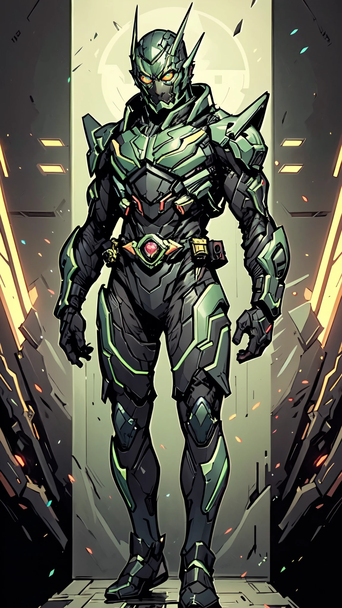 (masterpiece:1.5, best quality:1.5, extremely delicate:1.5), ((male:1.5)), a man wearing a full-face helmet, green eyes, fantasy-style high-tech biomimetic armored combat suit, (a composite layered chest armor), the design balances heavy with agility, fully enclosed shoulder guards, matching arm and leg guards, a belt of gemstone, (the color scheme is primarily Green with Scarlet and White accents, Organic Biotech, Concept Inspired by Kamen Rider, glowing eyes, armor glows, stand of a futuristic sci-fi city), this character embodies a finely crafted fantasy-style armored hero in anime style, exquisite and mature art style, metallic, high definition, highres, ultra-detailed, ultra-fine painting, professional, perfect body proportions, golden ratio, anatomically correct, symmetrical face, extremely detailed eyes and face, high quality eyes, creativity, RAW photo, UHD, 32k, Natural light, cinematic lighting, masterpiece-anatomy-perfect