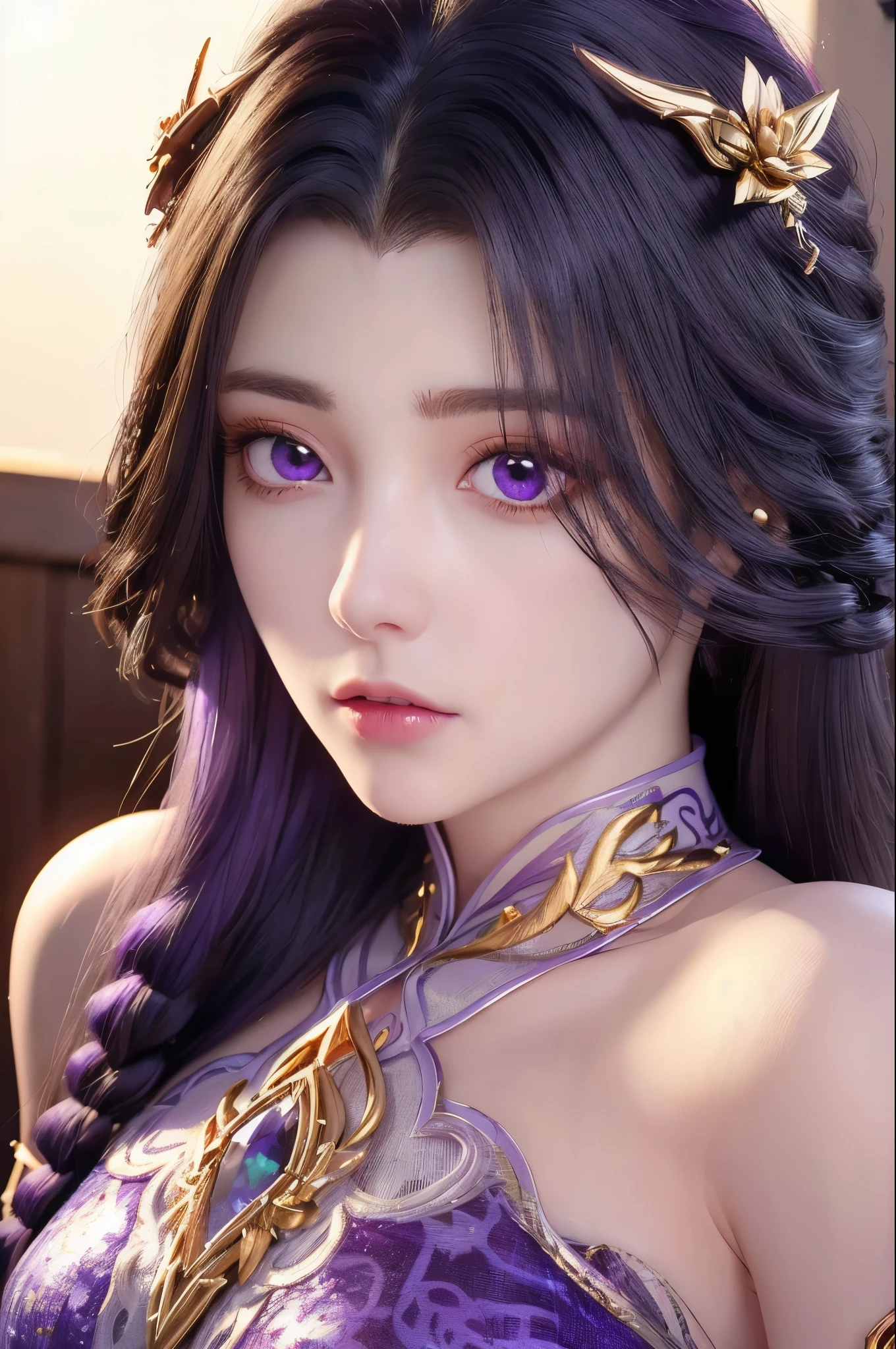 (Best Quality, Masterpiece:1.4), (Realism:1.2), (Realisitc:1.2), (Absurdres:1.2), (photorealistic:1.3), Realistic Skin,Solo,( Very Big Eyes,beautiful detailed eyes, symmetric eyes,), ((cowboy shot)),1girl,solo,             
breathtaking yunxi,1girl,hair ornament,solo,dress,long hair,black hair,Solid gold hair accessories,Gold flower headdress,purple dress,jewelry,purple eyes,looking at viewer,expressionless,blue dress,bare shoulders,see-through,purple hair, illustration, an extremely delicate and beautiful, extremely detailed ,CG,unity,8k wallpaper,