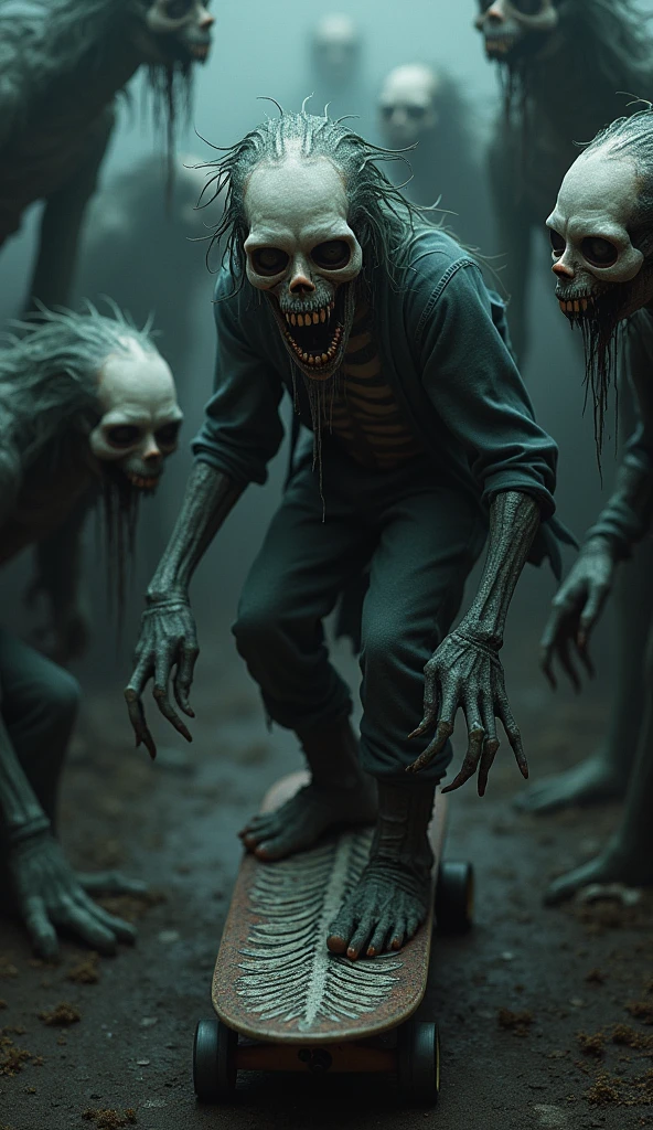 Three zombies pose as if to say 'see no evil, hear no evil, speak no evil'. The first zombie covers its eyes, the second zombie covers its ears, and the third zombie covers its mouth. The zombies have rotting skin and torn clothes. There is an abandoned house in the street in the background to keep the focus on the zombies only. There is no text on the zombies' clothes or the character bases. The zombies should look more three-dimensional and plastic, with enhanced depth and textures to make them look more realistic. At midnight, natural light, beautiful colors, sharp 8k.