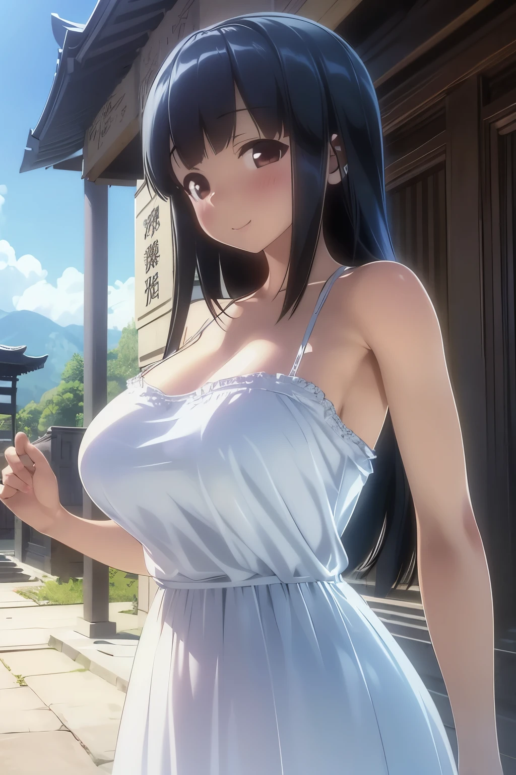 (超 Hi-Res,4K, very detailed, 8k,  Hi-Res,  Hi-Res,  absurd:1.2), Japanese girl, high school girl,  Long Black Hair,Short bangs,  beautiful character design, perfect face, beautiful detail depiction of eyes on the window,affectionate eyes, Brown Eyes ,smile,( camisole:1.1),( big breasts at the temple:1.2),(Deep Valley:1.2),In the garden, is standing, cowboy shots,Daytime