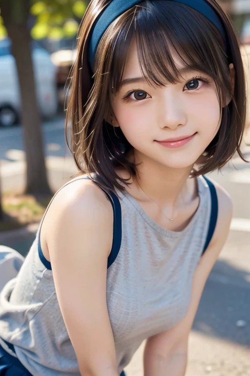 ((software: 1.4)), (( Detailed face, Cute Face, Detailed face, Professional photography)), ((((Are standing)) , (Hands on knees) , Leaning forward ( smiling : 1.2), Earrings)), (( Shiny platinum blonde silk hair, beautiful shiny bangs, Big clear sky blue eyes, Very beautiful bright eye highlights, 1 person)), Ultra-high resolution, (Realistic: 1.4), RAW Photos, Highest quality, (PhotoRealistic Stick), concentrated, Soft Light, ((15 years old)), (( (Young Face))), (surface), (Depth of written boundary), masterpiece, (Realistic), woman, bangs, ((1 person))