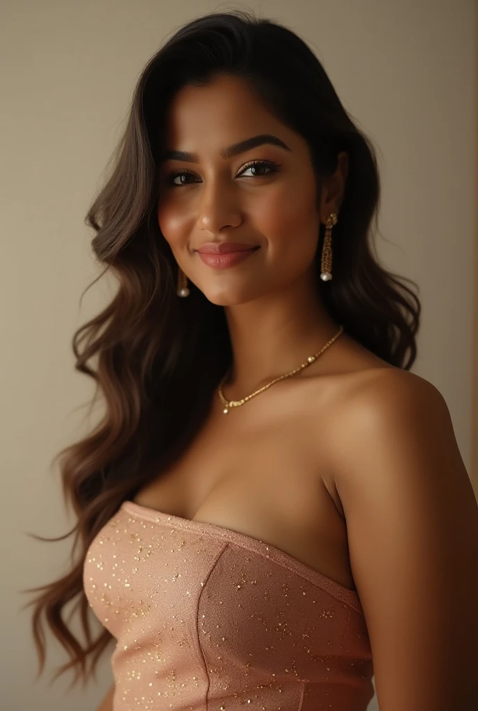 Create an ultra-realistic image of a modern, attractive female influencer of Indian descent, aged between 27 to 30. She should have a warm and inviting smile, expressive almond-shaped eyes with a slight shimmer, and clear, glowing skin with a medium brown complexion. Her features should be well-defined, with high cheekbones and a sharp jawline. Her hair should be long, thick, and styled in a classic chignon with delicate pearl hairpins, with a deep, reddish-purple hue that’s bold yet sophisticated. She should have a slender yet athletic build with gigantic breasts (plump: 1.3),Create a close-up image of a young woman with an attractive and curvaceous figure, wearing a traditional Indian blouse that is low-cut and revealing, highlighting her chest. The blouse should be form-fitting with elegant patterns, exposing her upper body while maintaining a culturally styled look. The background is simple and smooth, with soft, flattering lighting to emphasize her features and the delicate details of the blouse
