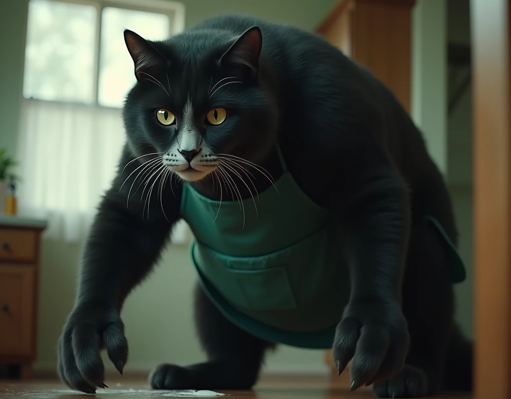 live-action,  super reality, huge fluffy black cat ,  bipedal:1.5, Bad look in the eyes:1.2,  gray coat from face to stomach:1.3, Huge fluffy black cat in a green apron , living:1.3, cleaning機, cleaning,  masterpiece, UHD, high details, best quality,  highres icon, 16k