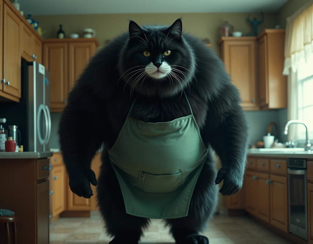 live-action,  super reality, huge fluffy black cat ,  bipedal:1.5, Bad look in the eyes:1.2,  gray coat from face to stomach:1.3, Huge fluffy black cat in a green apron , living:1.3, cleaning機, cleaning,  masterpiece, UHD, high details, best quality,  highres icon, 16k