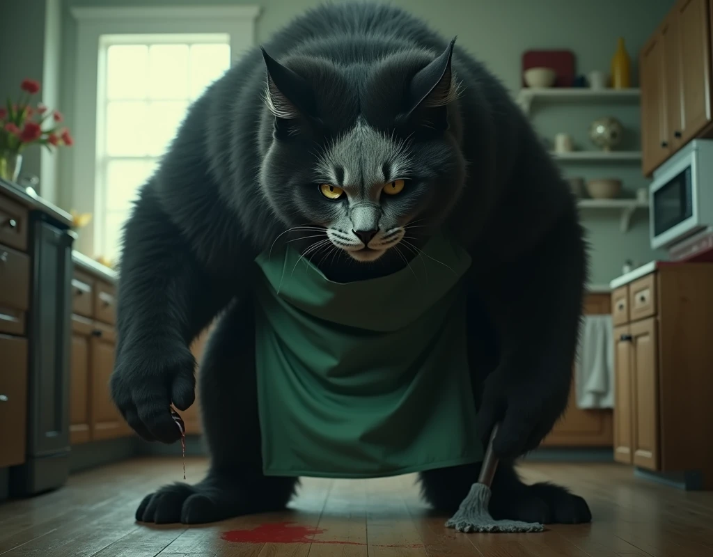 live-action,  super reality, huge fluffy black cat ,  bipedal:1.5, Bad look in the eyes:1.2,  gray coat from face to stomach:1.3, Huge fluffy black cat in a green apron , living:1.3, cleaning機, cleaning,  masterpiece, UHD, high details, best quality,  highres icon, 16k