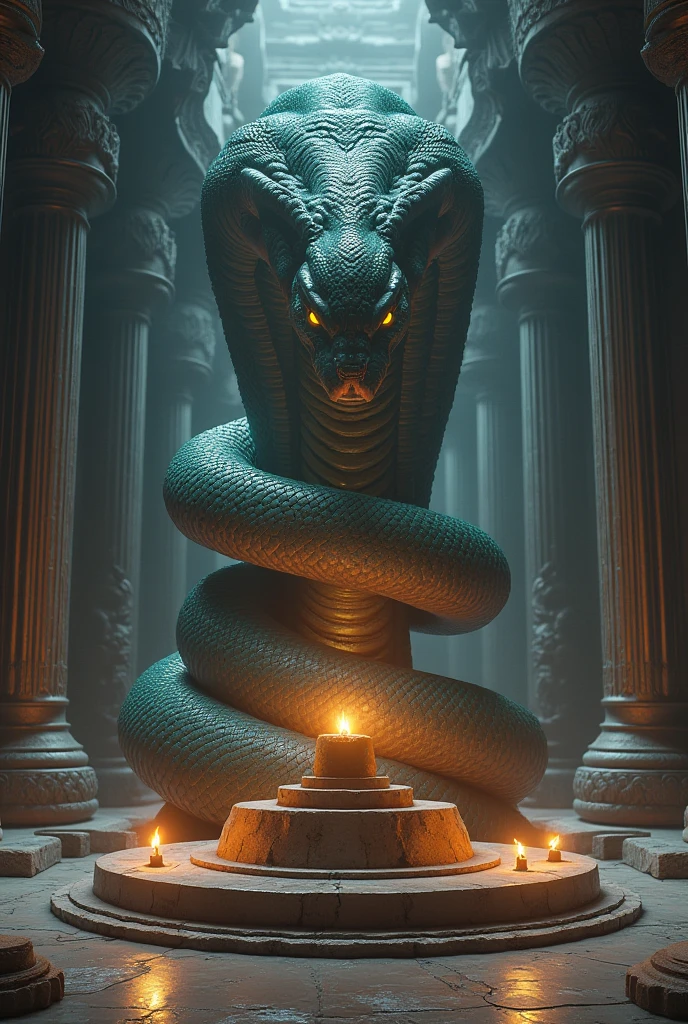 Black Cobra Basilisk, in a red-lit underworld tower, wrapped around a statue of Aphrodite