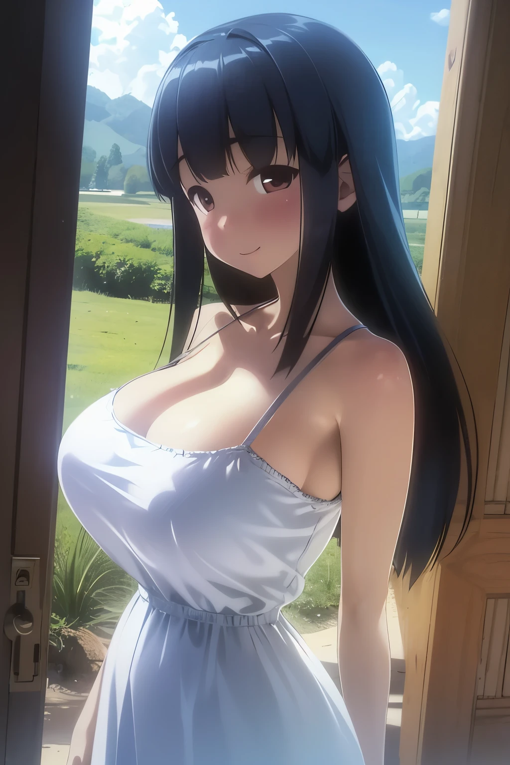 (超 Hi-Res,4K, very detailed, 8k,  Hi-Res,  Hi-Res,  absurd:1.2), Japanese girl, high school girl,  Long Black Hair,Short bangs,  beautiful character design, perfect face, beautiful eye detail in an empty classroom,affectionate eyes, Brown Eyes ,smile,( camisole:1.1),( big breasts at the temple:1.2),(Deep Valley:1.2),In the middle of nature with no one around, cowboy shots,Daytime