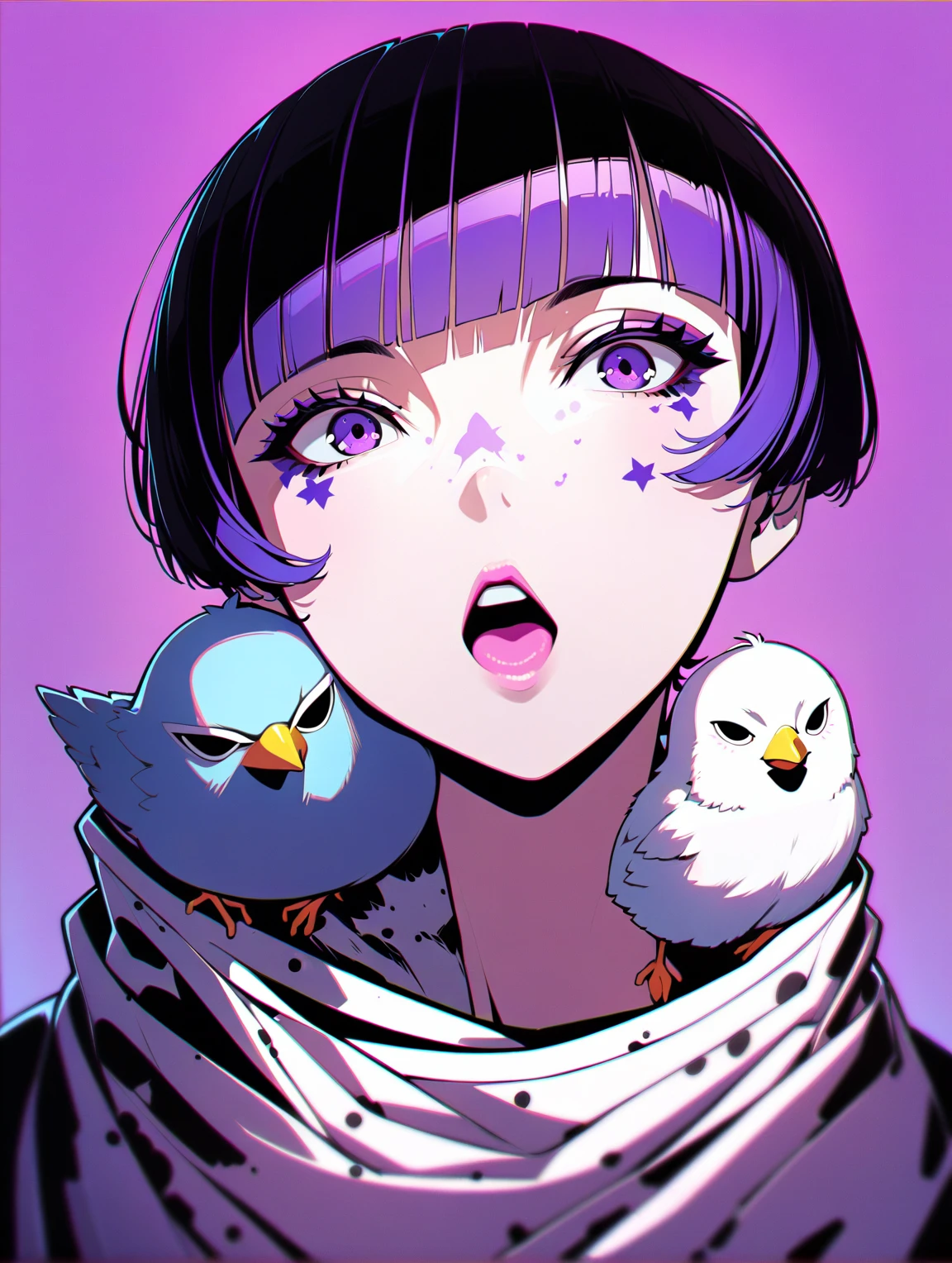 {{{Shincos (Shincos),  Kuvshinov Ilya ( Kuvshinov Ilya), no human}}},  1 girl, 1 bird,  short hair,  purple , Open your lips a little,  watching viewers,  Facial beauty, Bird sitting on shoulder , Plain background, White background.