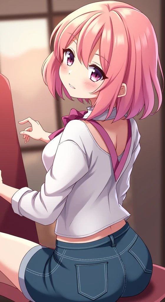 (8K、Highest image quality、highest quality、masterpiece)、detailed face、((one ))、pink hair、short twintails、pink eyes、evil smile、((grin))、small breasts、((pink bra))、((open white shirt))、((black pleated skirt))、((pink panties))、look back、Turning your butt off、cowboy shot、Take a photo from behind、Gym storeroom