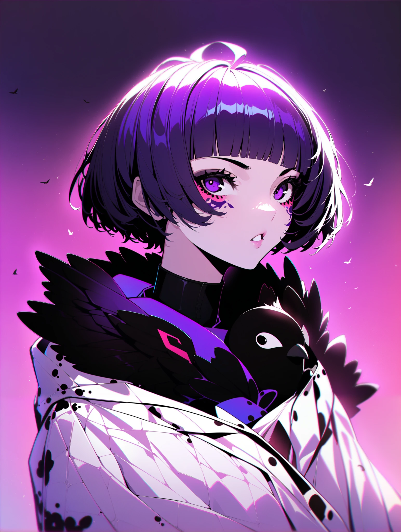 {{{Shincos (Shincos),  Kuvshinov Ilya ( Kuvshinov Ilya), no human}}},  1 girl, 1 bird,  short hair,  purple , Open your lips a little,  watching viewers,  Facial beauty, Bird sitting on shoulder , Plain background, White background.