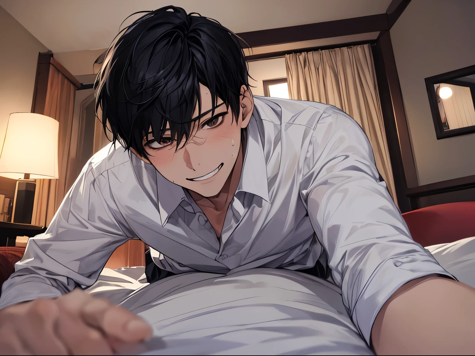 source_anime,score_9,score_8_up,screencap, anime screencap, BREAK, denji \(chainsaw man\), chainsaw man, 2boys, outdoors, night, city, alleyway, fellatio, yaoi, gay, ((blowjob)), oral sex, dark skinned male, gigantic penis, licking, messy hair, pov, tongue, saliva, tongue on penis