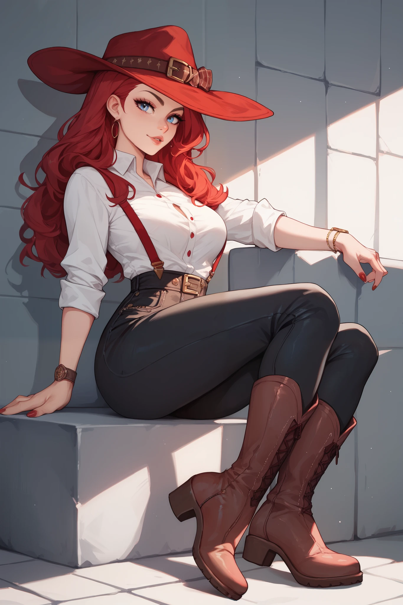 Woman, long red hair, blue eyes, red hat, red button-down blouse, black pants, Brown boots with fur , cowboy style