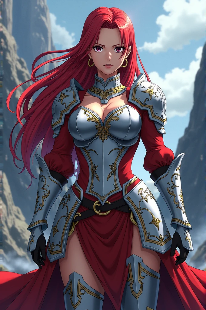 erza .beautiful woman 27 years old red hair and red eyes big breasts. wears metallic armor blue skirt. espada. fondo un castillo