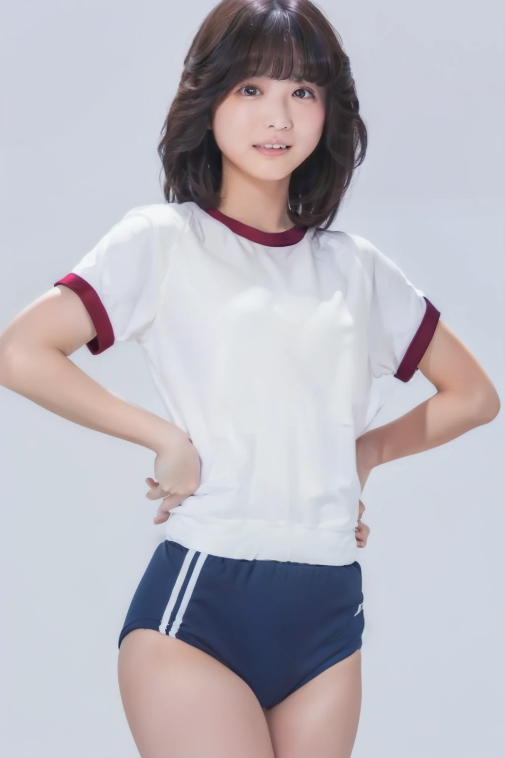 masterpiece, 最 High Quality , High Quality , (Realistic:1.8)、photograph、1 female, Plain Shirt, Alone, Gym Wear, Realistic, white shirt , Bloomers, Facial beauty, face focus , ( simple background: 1.3),, ((Lower your arms to your sides)), Cowboy Shooting, ( small breasts), thin thighs,